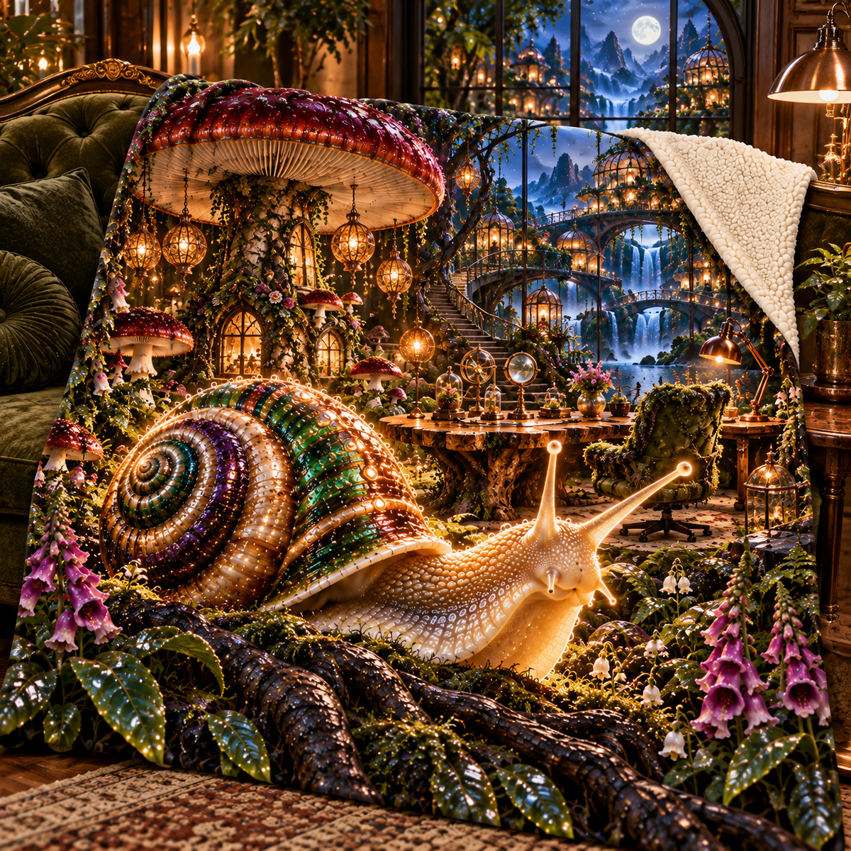 Regal Snail Toadstool Atelier Sherpa & Fleece Blanket with printed optical 3D artwork in its use setting