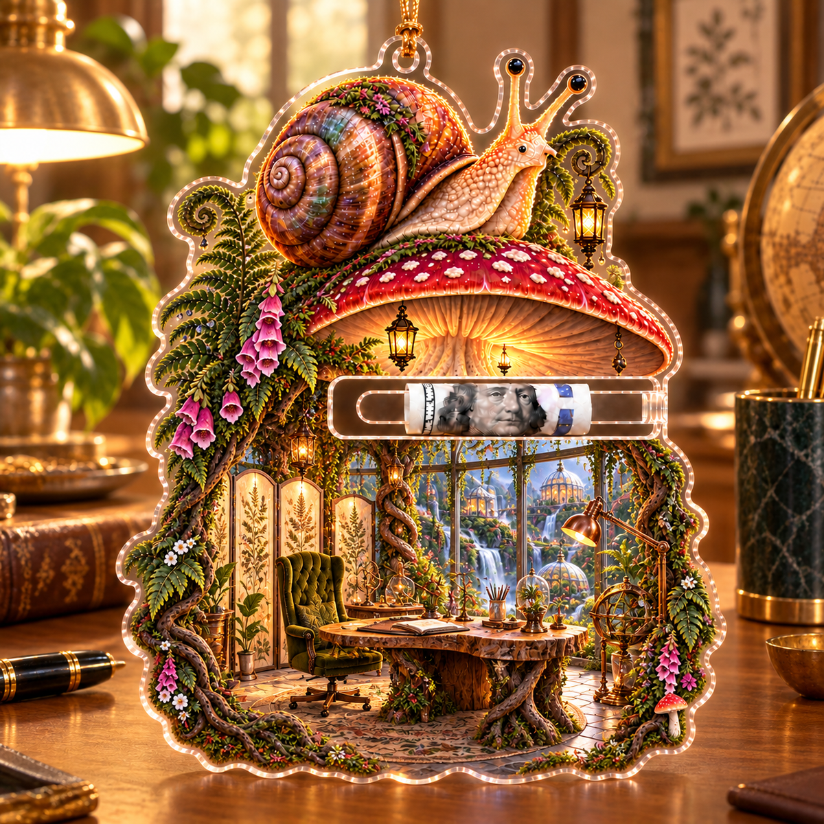 Regal Snail Toadstool Atelier Acrylic Cash Holder Ornament with printed optical 3D artwork in its use setting