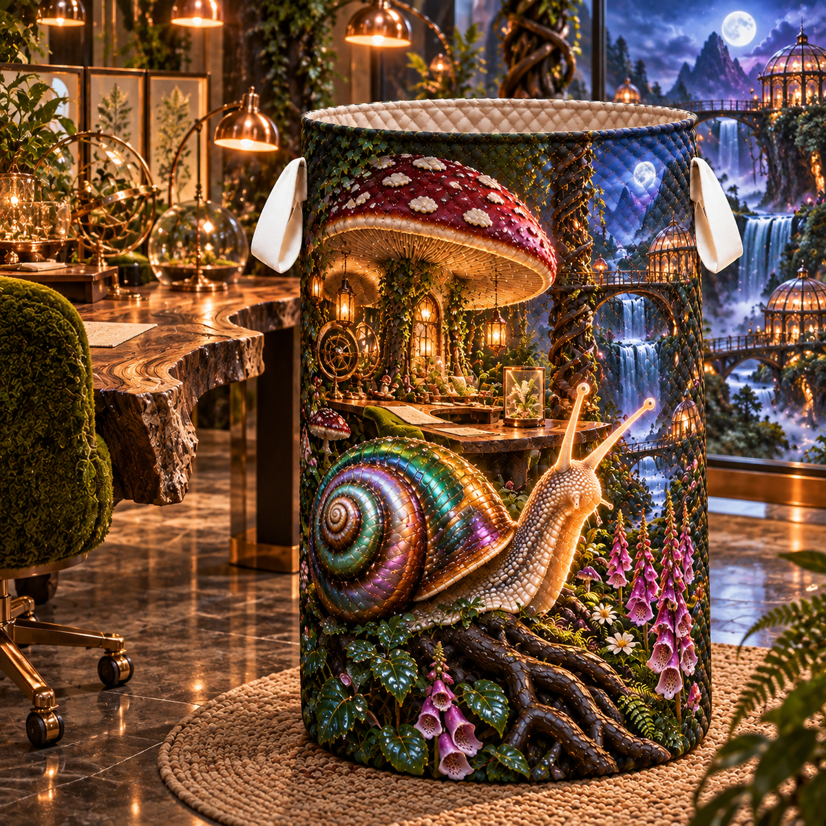 Regal Snail Toadstool Atelier Laundry Hamper with printed optical 3D artwork in its use setting