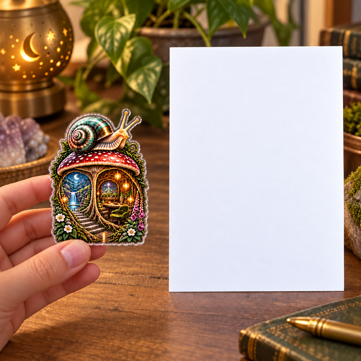 Regal Snail Toadstool Atelier Acrylic Refrigerator Magnet with printed optical 3D artwork in its use setting