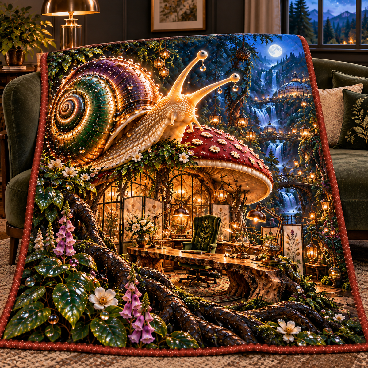 Regal Snail Toadstool Atelier Quilt Blanket with printed optical 3D artwork in its use setting