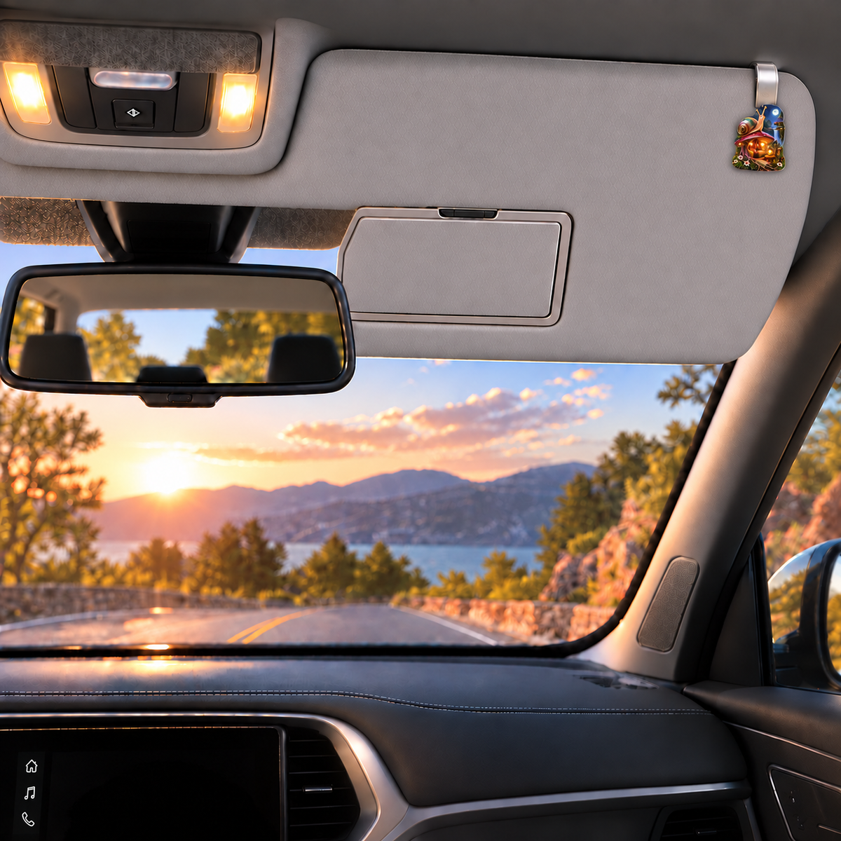 Regal Snail Toadstool Atelier Holographic Car Visor Clip with printed optical 3D artwork in its use setting