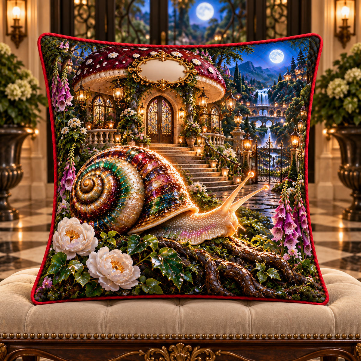Snail Toadstool Welcome Manor Quilted Cushion Cover with printed optical 3D artwork in its use setting