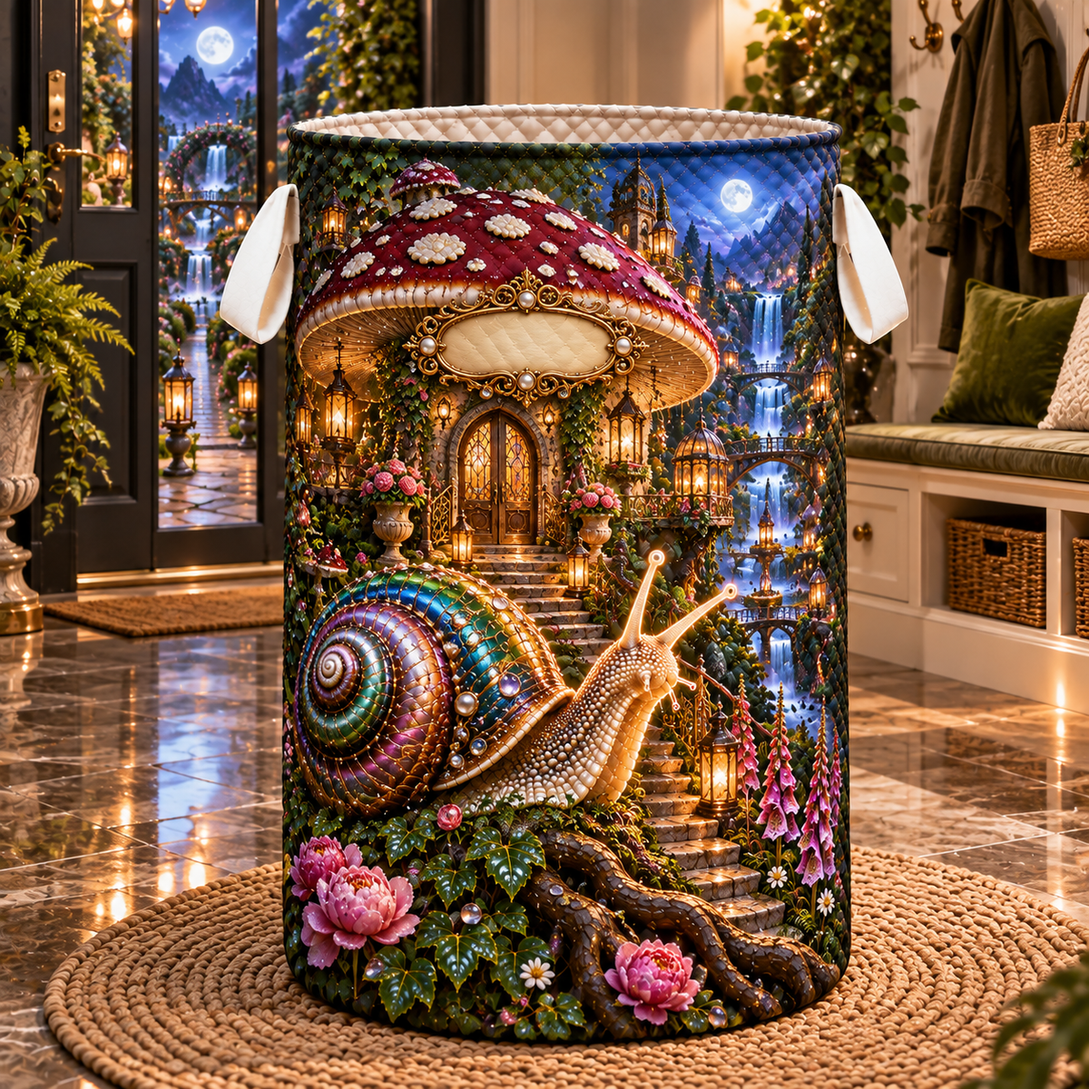 Snail Toadstool Welcome Manor Laundry Hamper with printed optical 3D artwork in its use setting