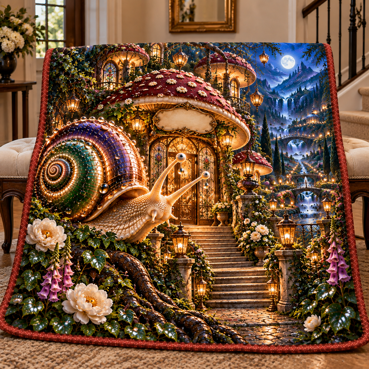 Snail Toadstool Welcome Manor Quilt Blanket with printed optical 3D artwork in its use setting