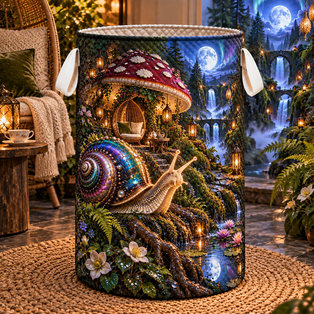 Snail Toadstool Quiet Grotto Laundry Hamper with printed optical 3D artwork in its use setting