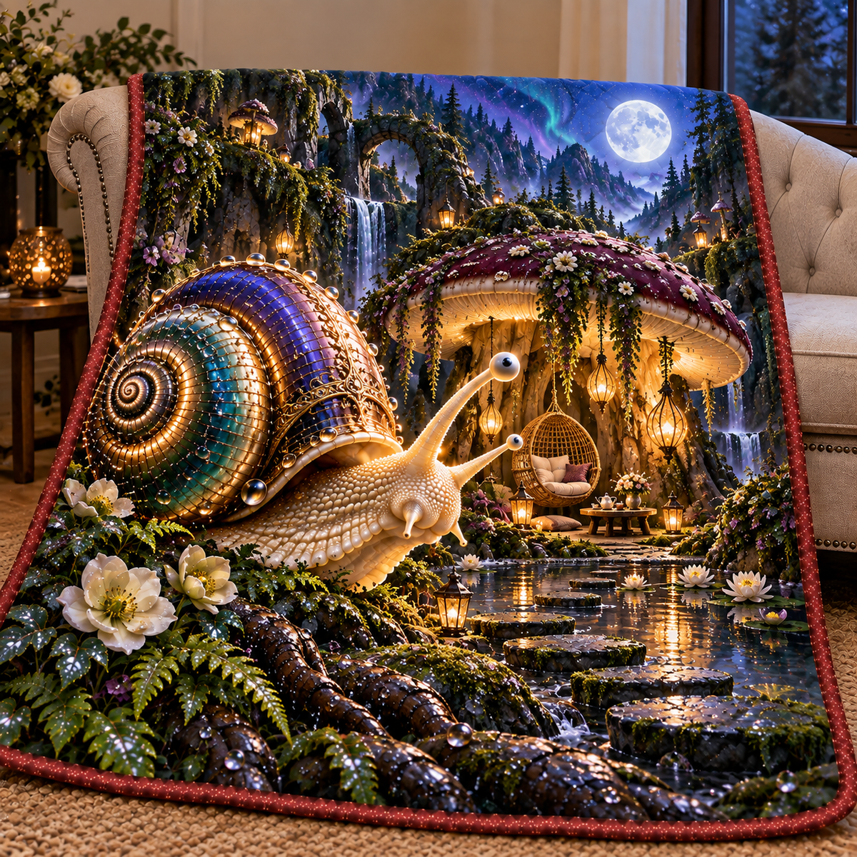 Snail Toadstool Quiet Grotto Quilt Blanket with printed optical 3D artwork in its use setting
