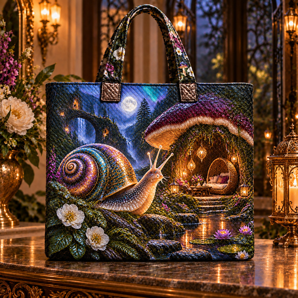 Snail Toadstool Quiet Grotto Quilted Tote Bag with printed optical 3D artwork in its use setting