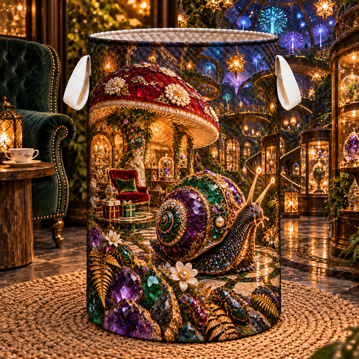 Snail Toadstool Curio Jubilee Laundry Hamper with printed optical 3D artwork in its use setting