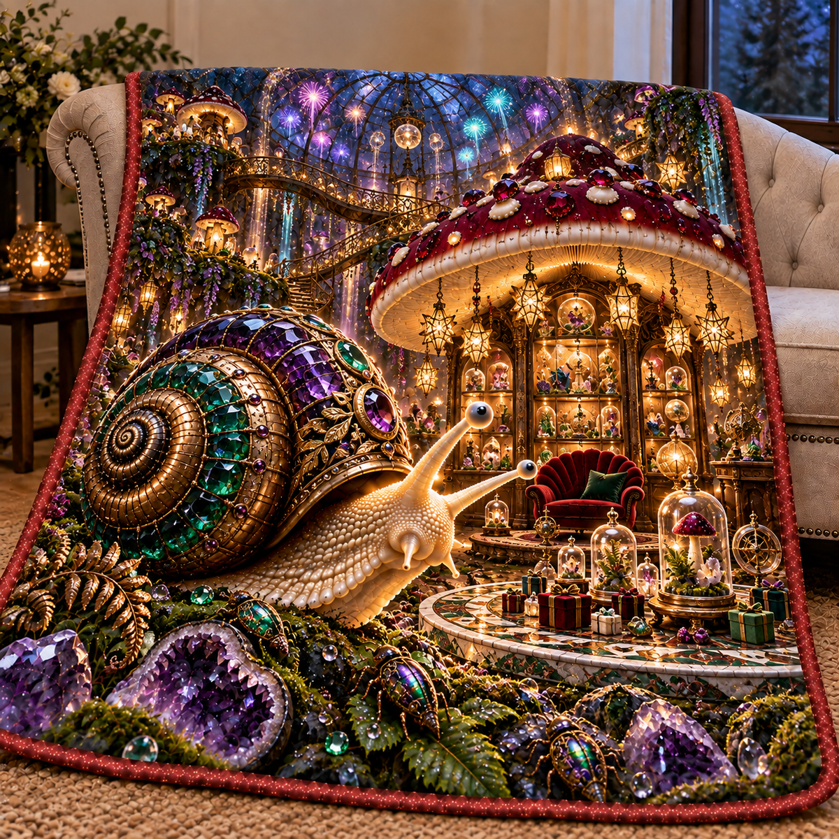 Snail Toadstool Curio Jubilee Quilt Blanket with printed optical 3D artwork in its use setting