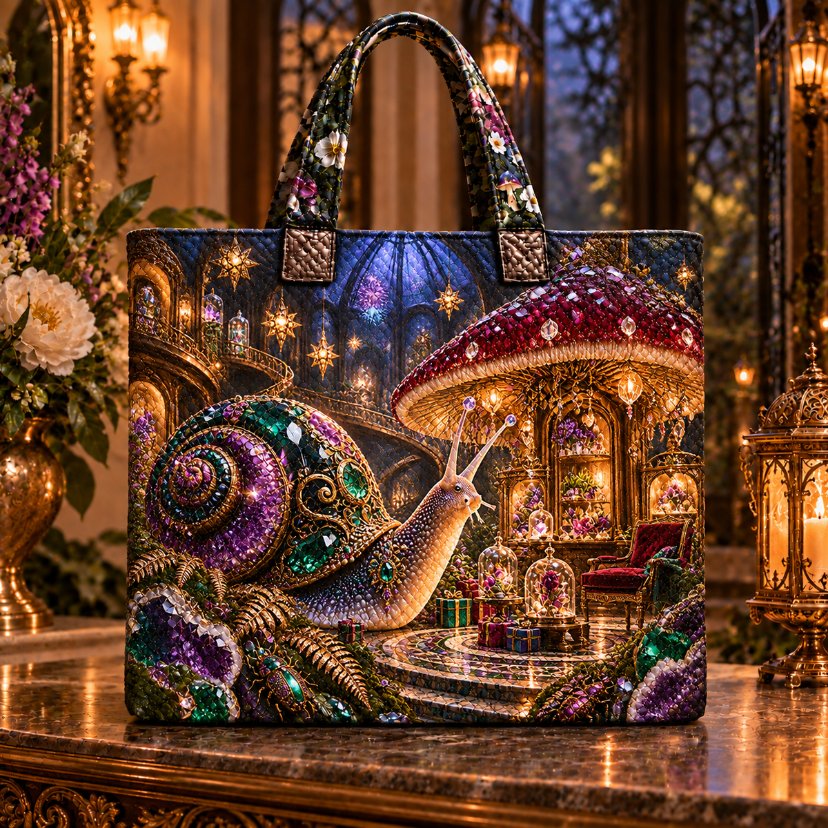 Snail Toadstool Curio Jubilee Quilted Tote Bag with printed optical 3D artwork in its use setting