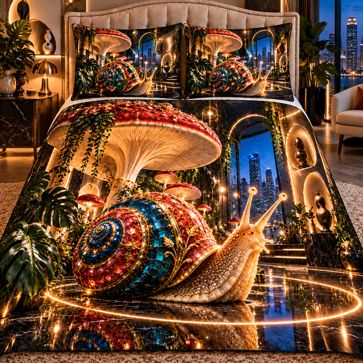 Snail Toadstool Gallery Glow Quilted Bedding Set with printed optical 3D artwork in its use setting