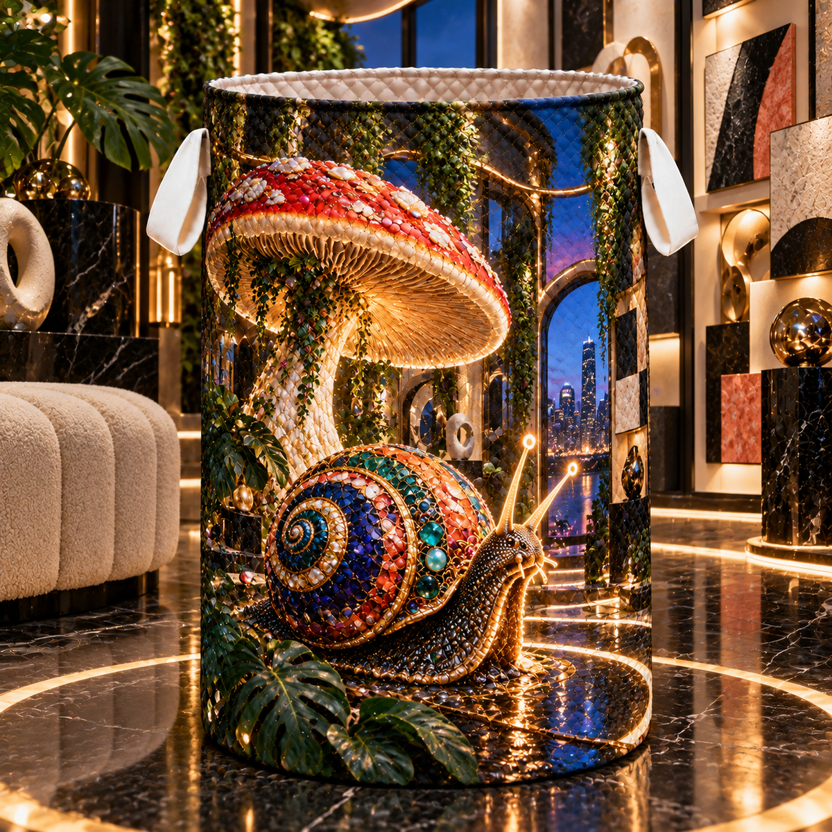 Snail Toadstool Gallery Glow Laundry Hamper with printed optical 3D artwork in its use setting