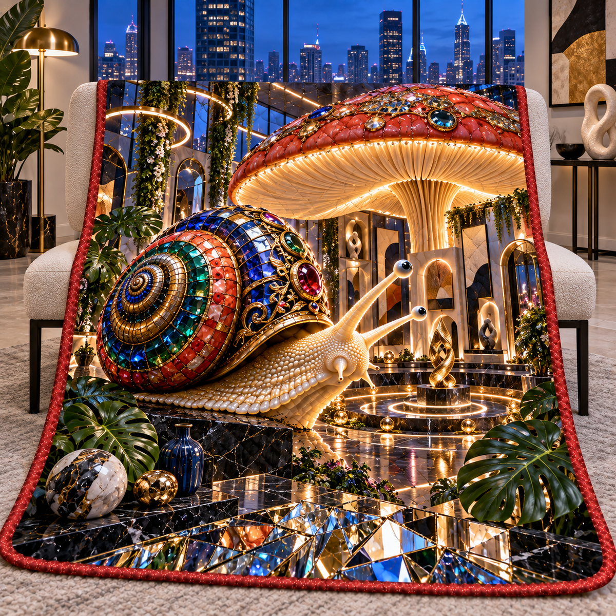 Snail Toadstool Gallery Glow Quilt Blanket with printed optical 3D artwork in its use setting