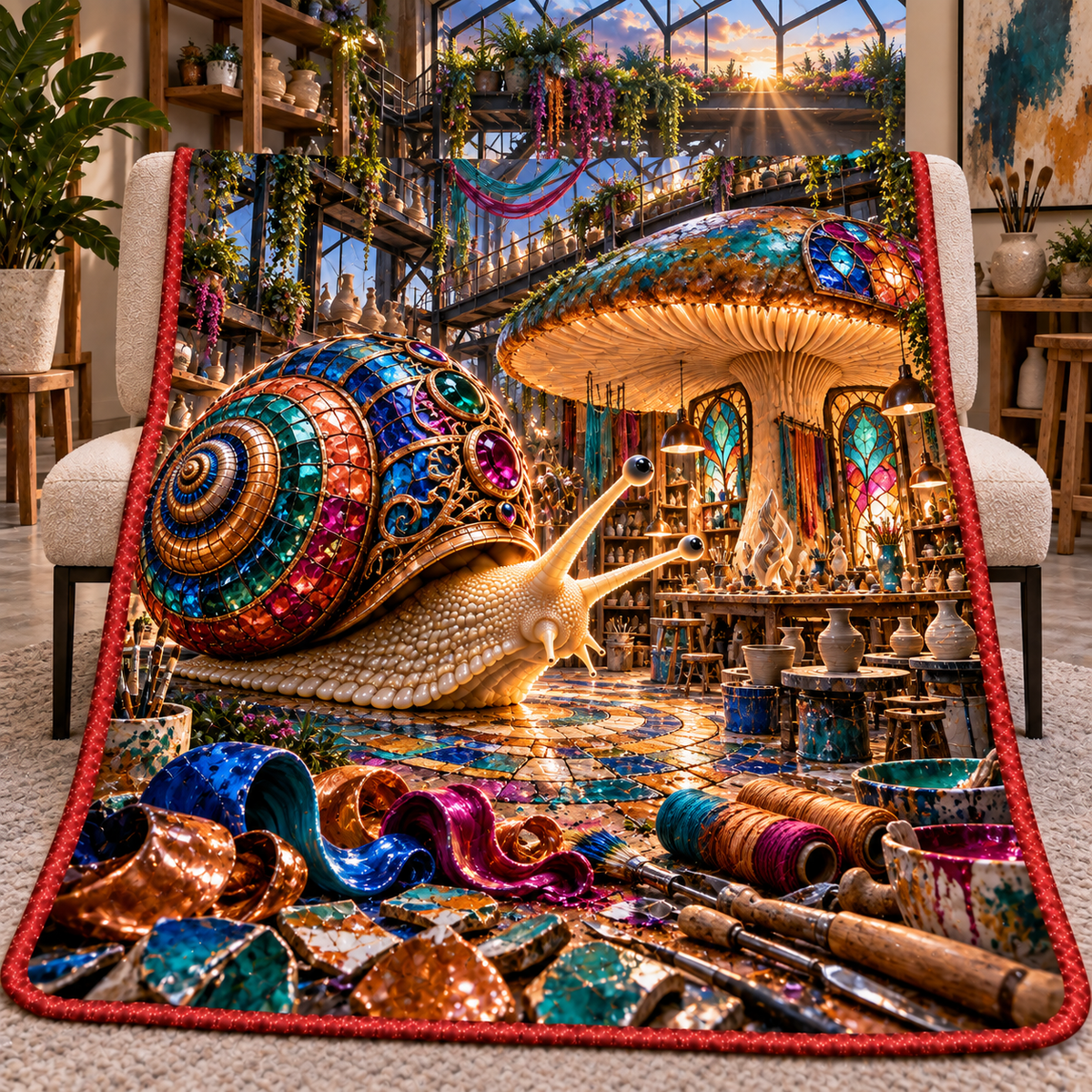 Snail Toadstool Maker Atelier Quilt Blanket with printed optical 3D artwork in its use setting