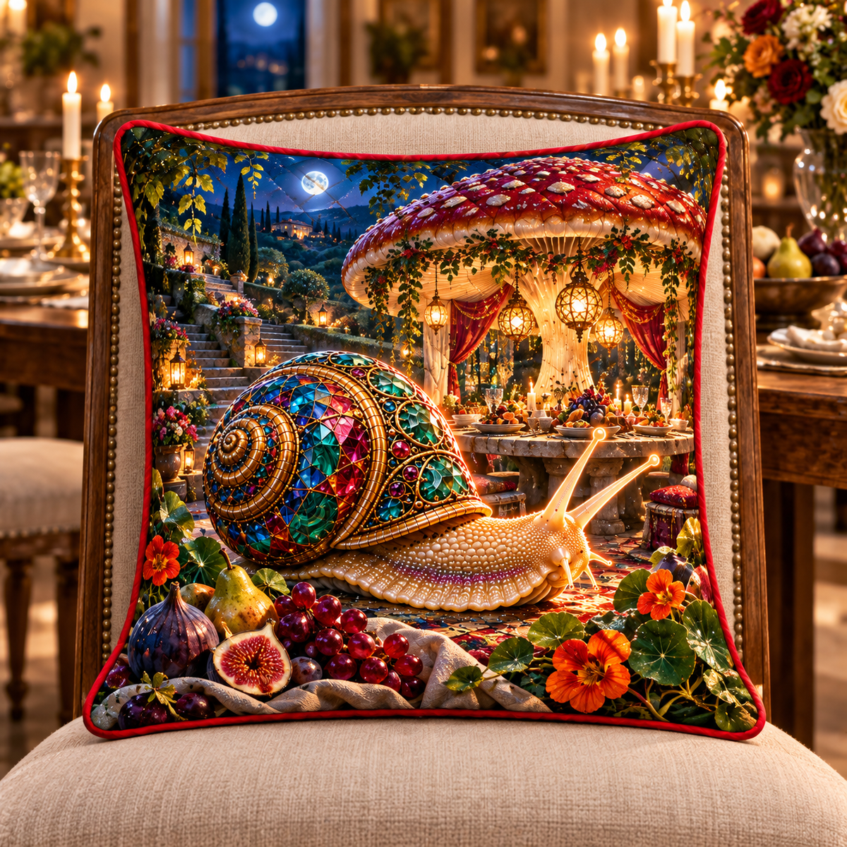 Snail Toadstool Host Feast Quilted Cushion Cover with printed optical 3D artwork in its use setting
