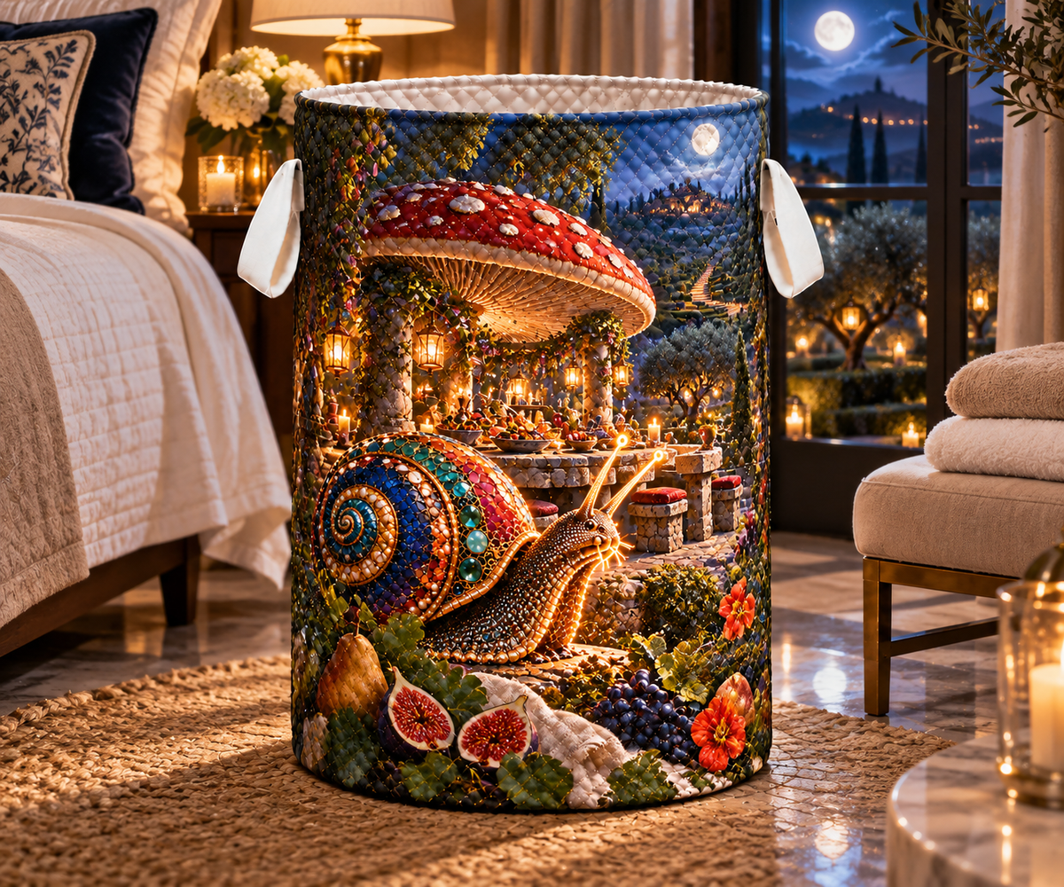 Snail Toadstool Host Feast Laundry Hamper with printed optical 3D artwork in its use setting