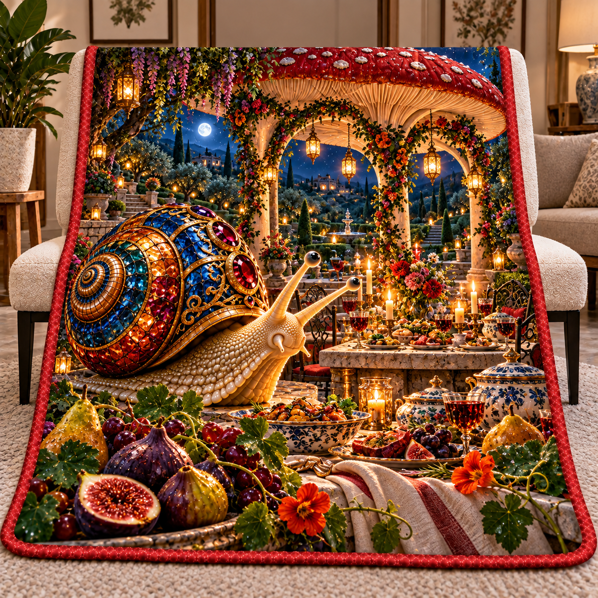 Snail Toadstool Host Feast Quilt Blanket with printed optical 3D artwork in its use setting