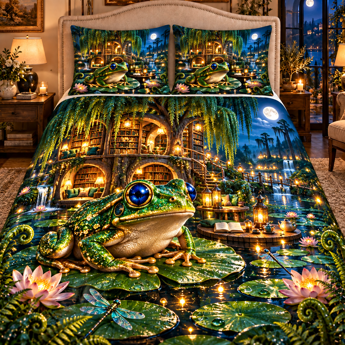 Frog Pond Reading Sanctuary Quilted Bedding Set with printed optical 3D artwork in its use setting