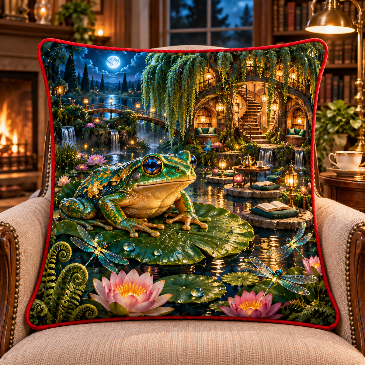 Frog Pond Reading Sanctuary Quilted Cushion Cover with printed optical 3D artwork in its use setting