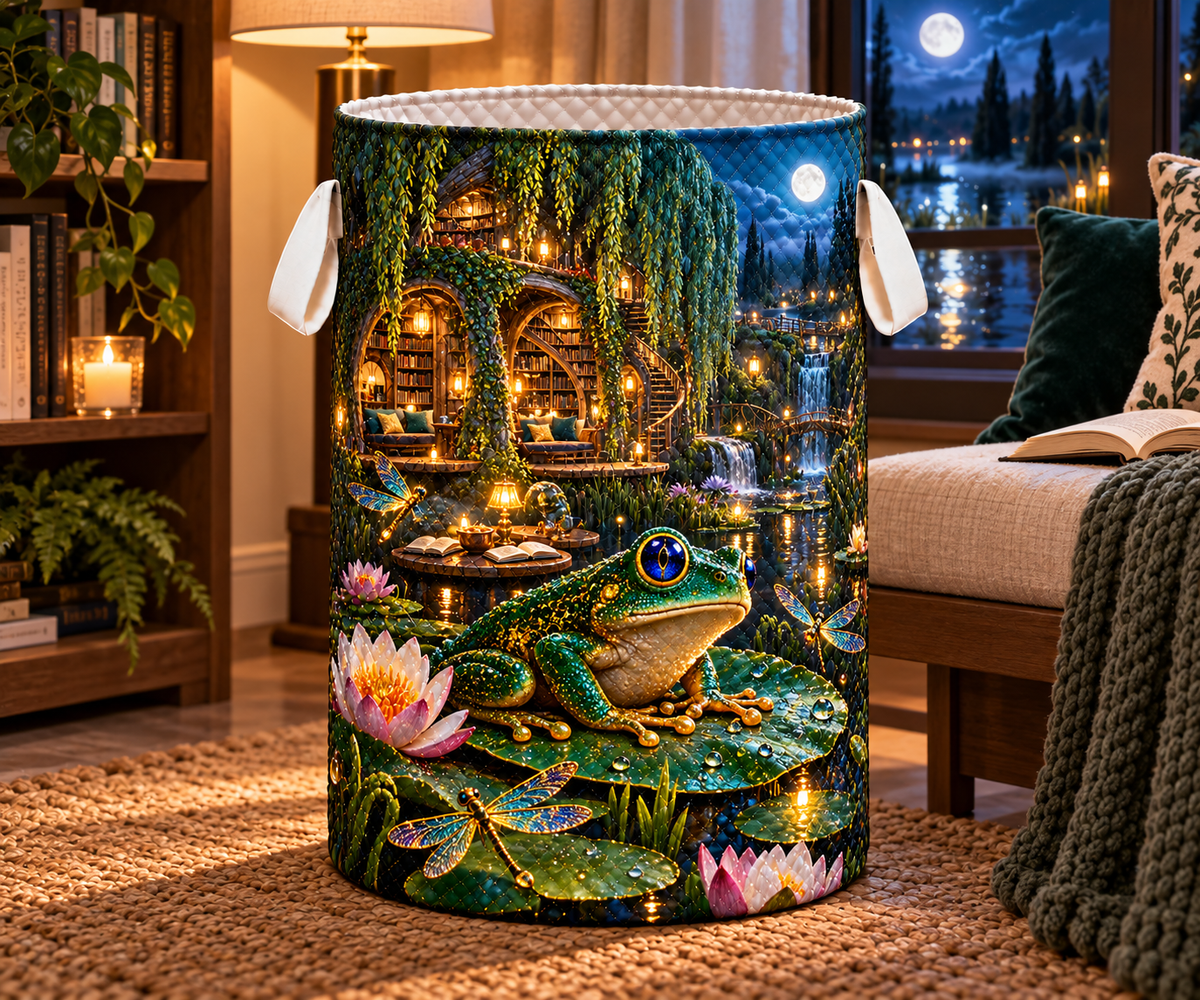 Frog Pond Reading Sanctuary Laundry Hamper with printed optical 3D artwork in its use setting