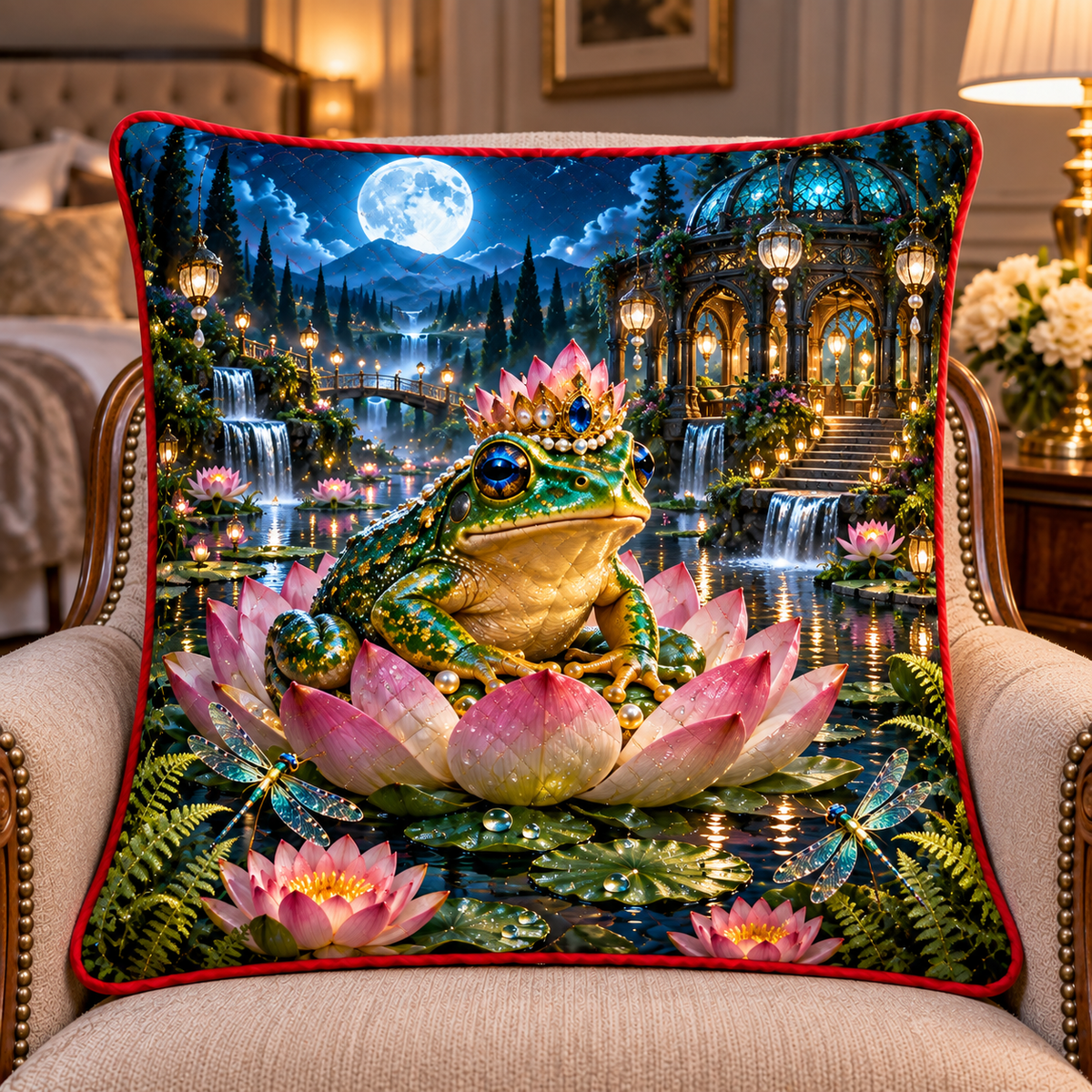 Frog Pond Moonlit Crown Quilted Cushion Cover with printed optical 3D artwork in its use setting