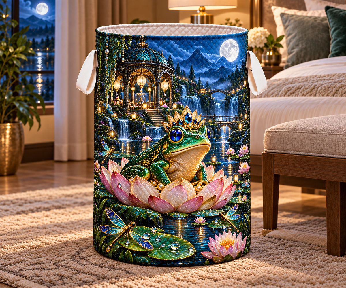 Frog Pond Moonlit Crown Laundry Hamper with printed optical 3D artwork in its use setting