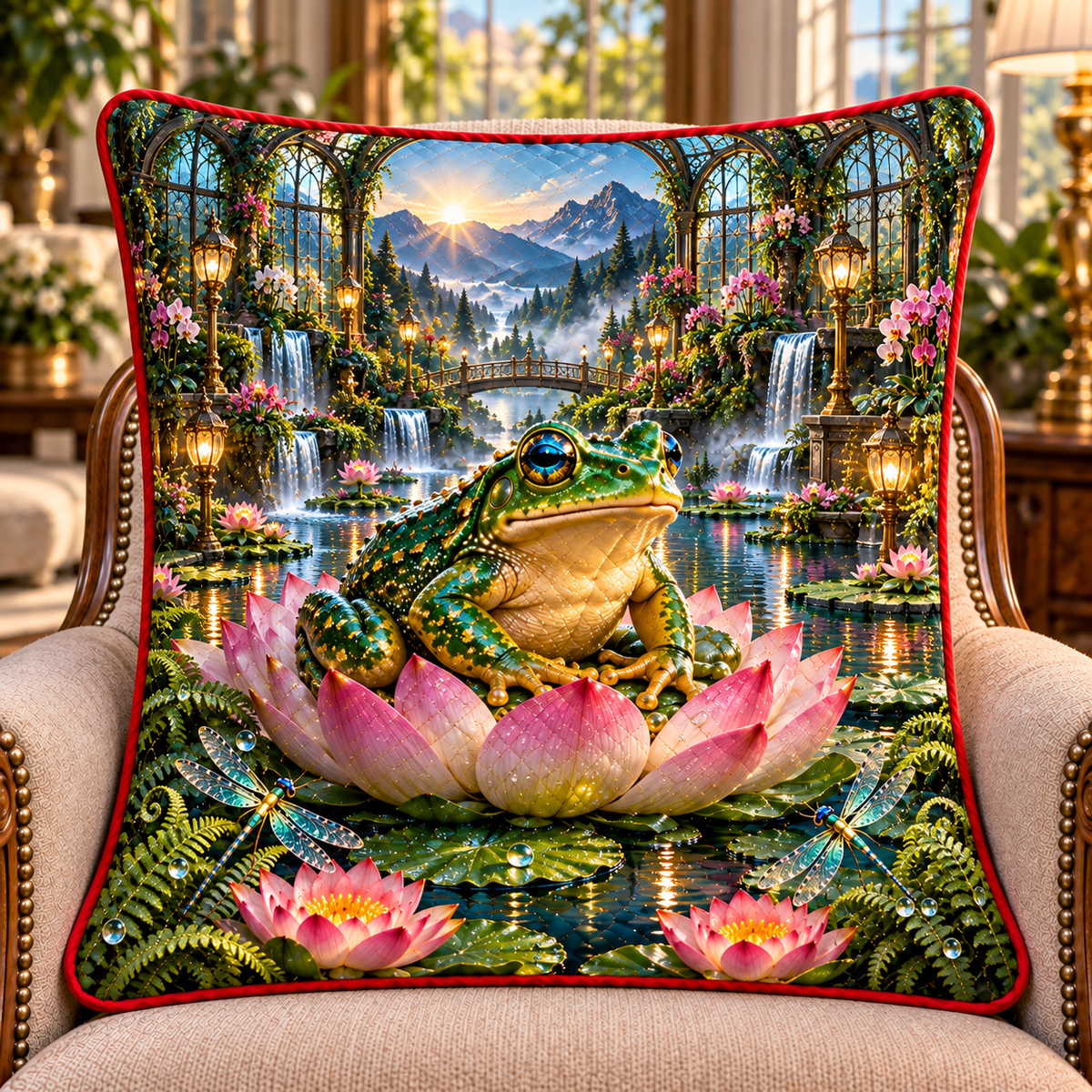 Frog Pond Emerald Conservatory Quilted Cushion Cover with printed optical 3D artwork in its use setting