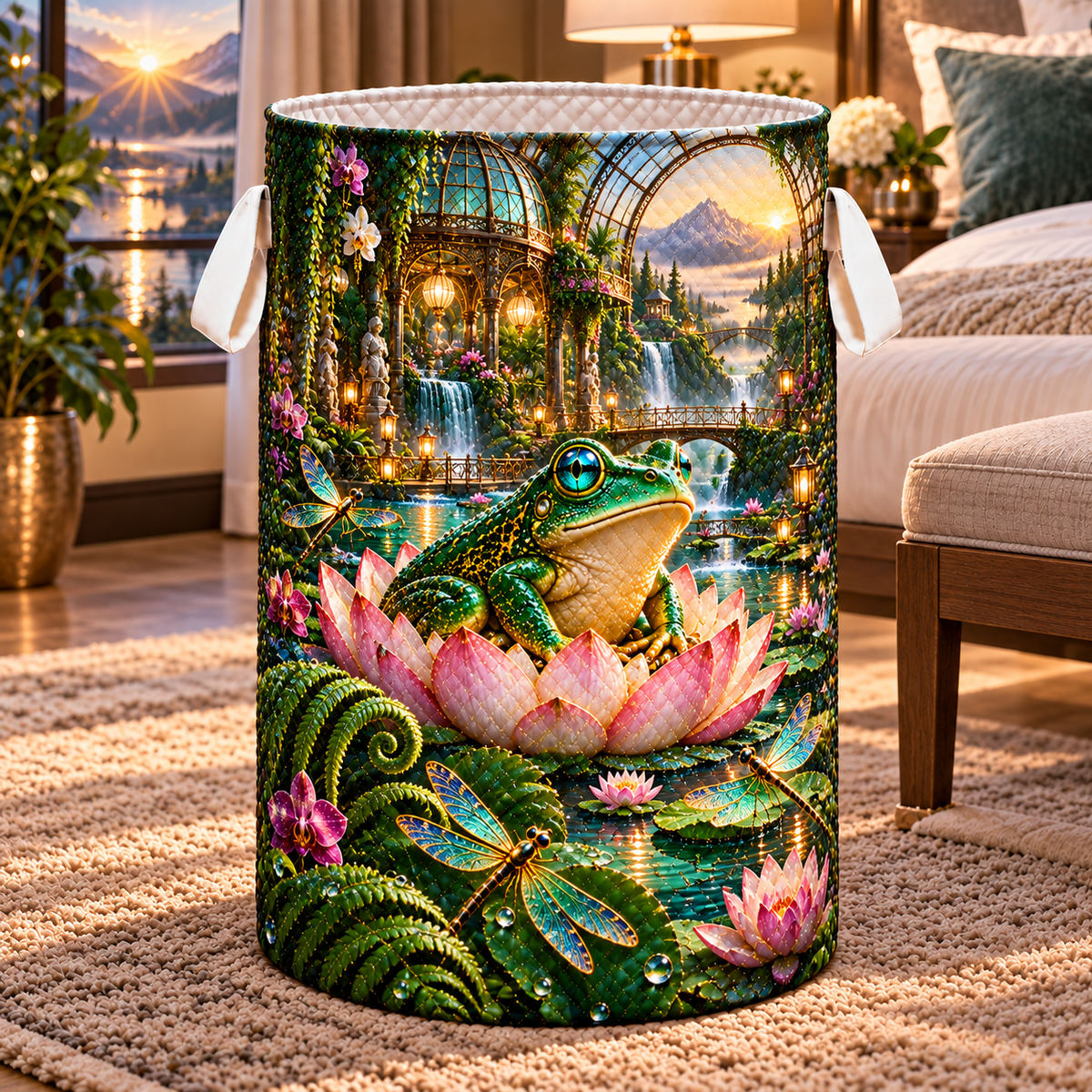 Frog Pond Emerald Conservatory Laundry Hamper with printed optical 3D artwork in its use setting