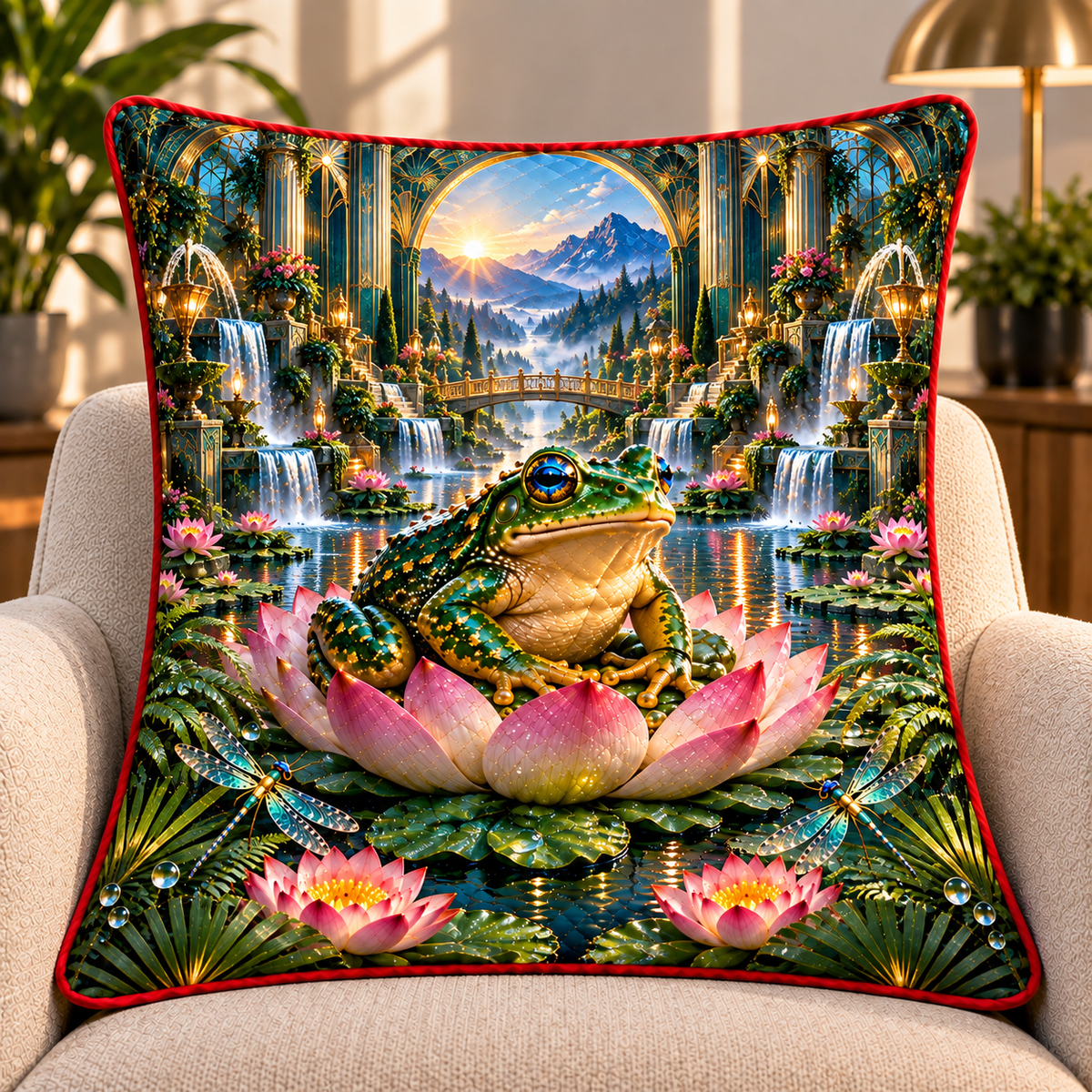 Frog Pond Art Deco Waterworks Quilted Cushion Cover with printed optical 3D artwork in its use setting