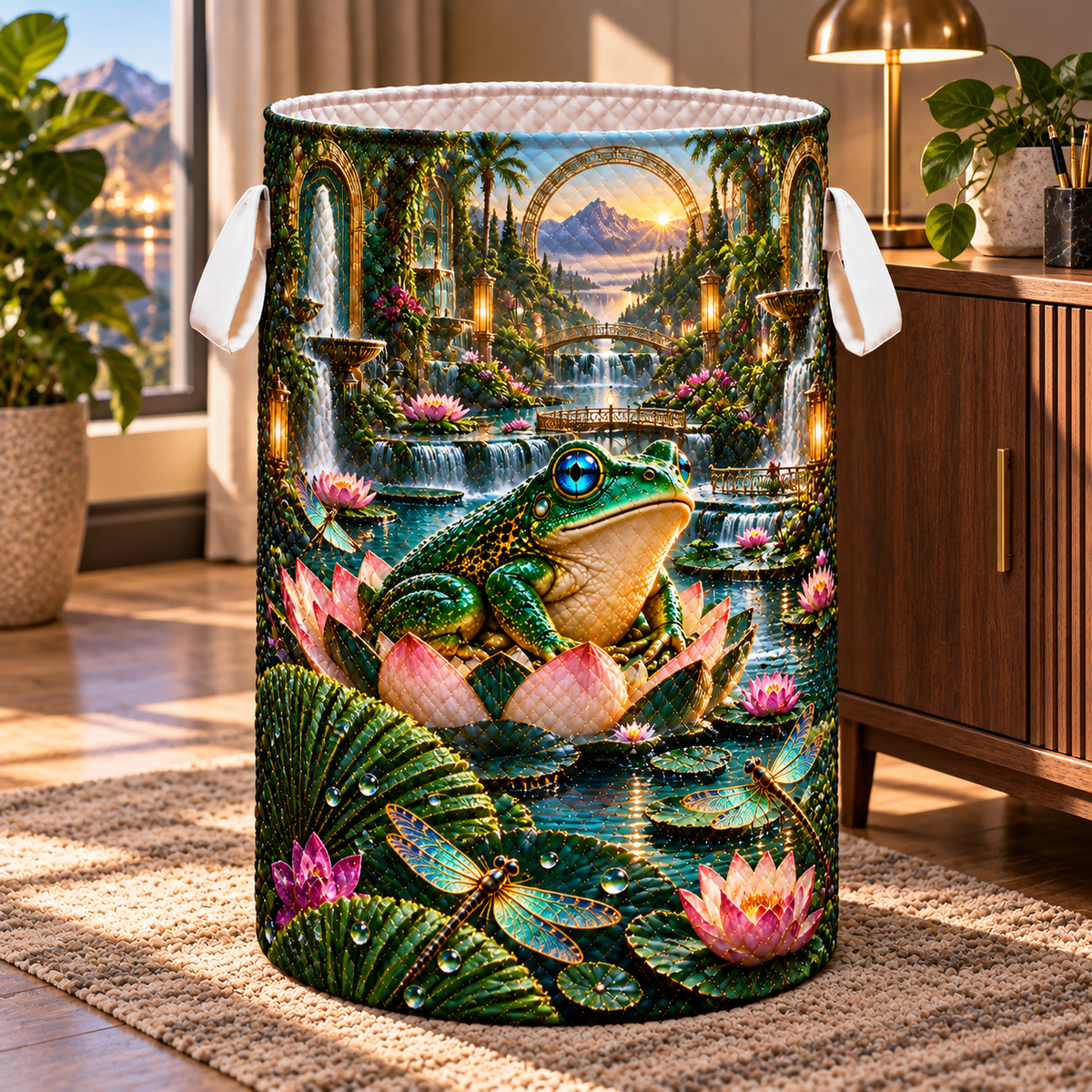 Frog Pond Art Deco Waterworks Laundry Hamper with printed optical 3D artwork in its use setting