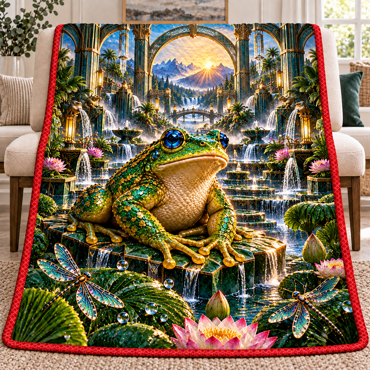 Frog Pond Art Deco Waterworks Quilt Blanket with printed optical 3D artwork in its use setting
