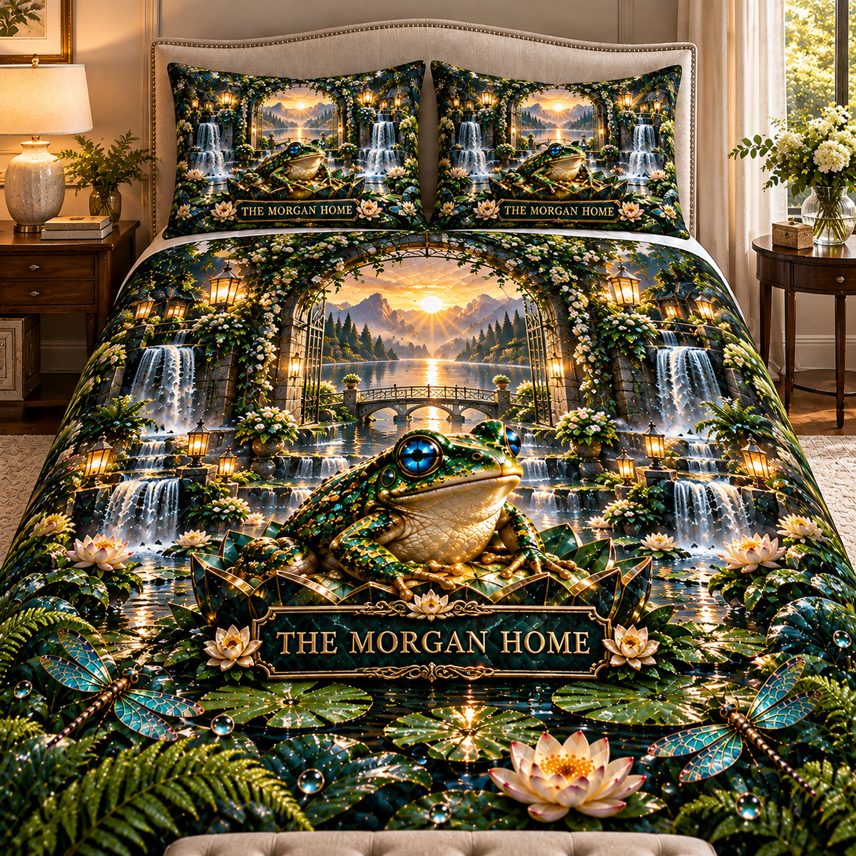 Frog Pond Golden Welcome Garden Quilted Bedding Set with printed optical 3D artwork in its use setting