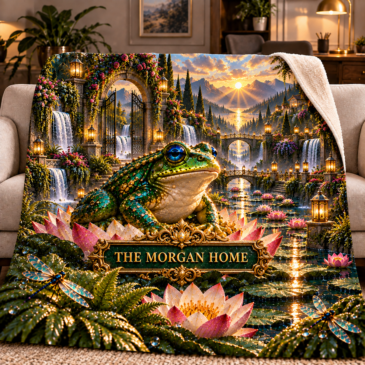 Frog Pond Golden Welcome Garden Sherpa & Fleece Blanket with printed optical 3D artwork in its use setting