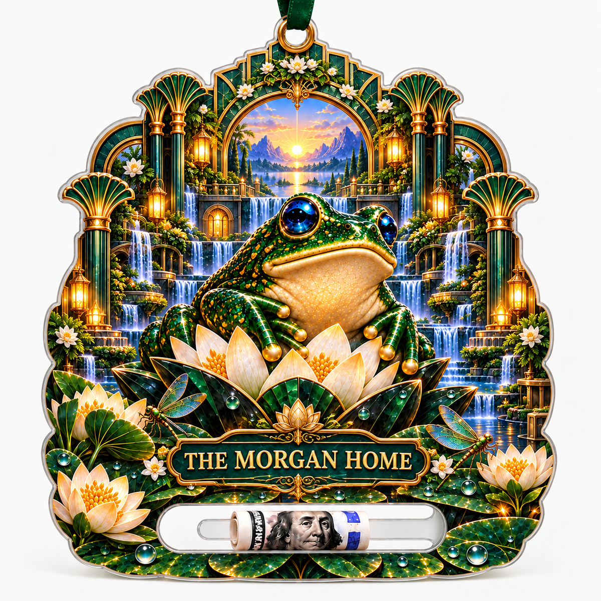 Frog Pond Golden Welcome Garden Acrylic Cash Holder Ornament with printed optical 3D artwork in its use setting
