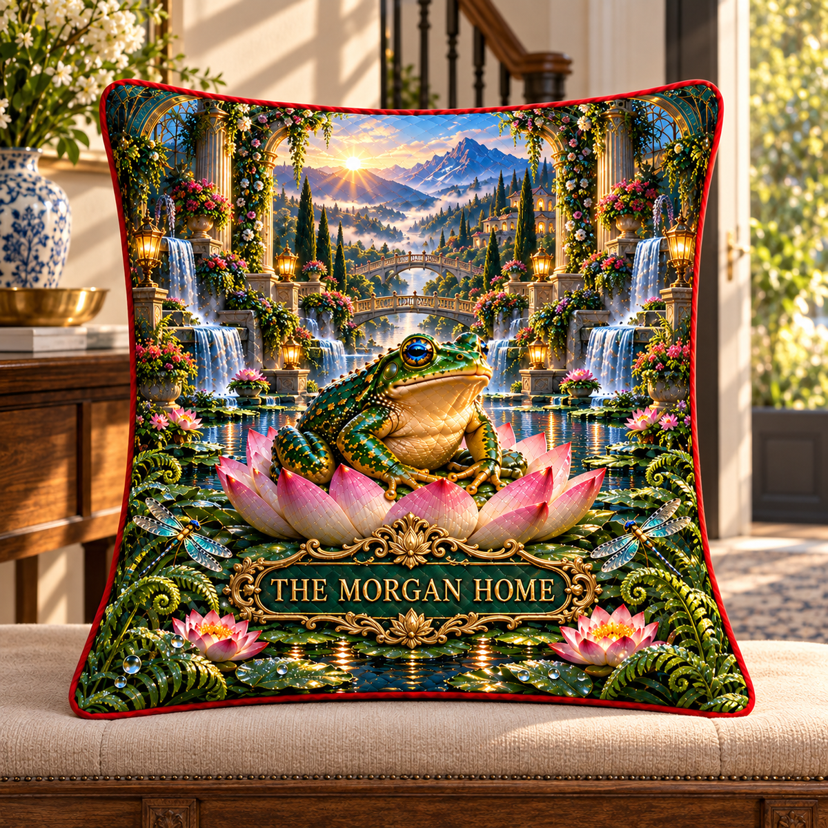 Frog Pond Golden Welcome Garden Quilted Cushion Cover with printed optical 3D artwork in its use setting