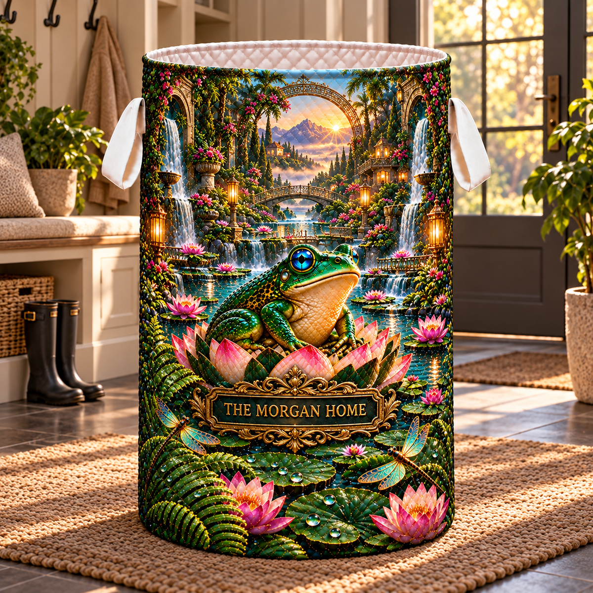 Frog Pond Golden Welcome Garden Laundry Hamper with printed optical 3D artwork in its use setting