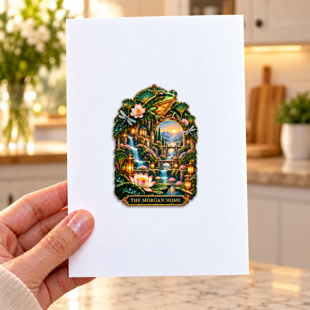 Frog Pond Golden Welcome Garden Acrylic Refrigerator Magnet with printed optical 3D artwork in its use setting