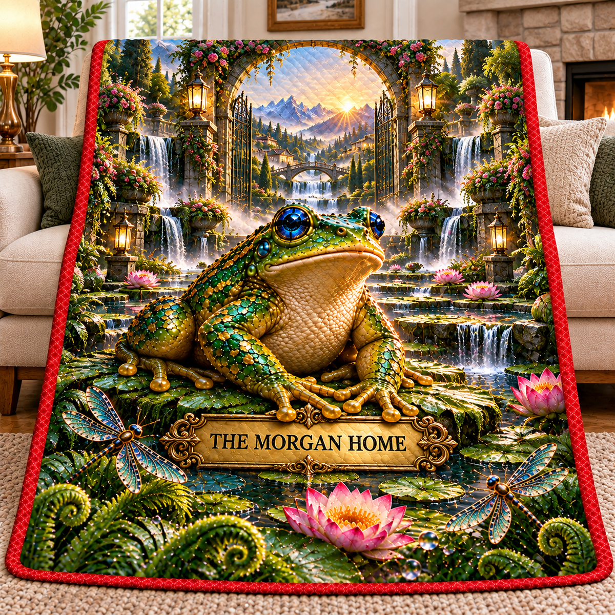 Frog Pond Golden Welcome Garden Quilt Blanket with printed optical 3D artwork in its use setting