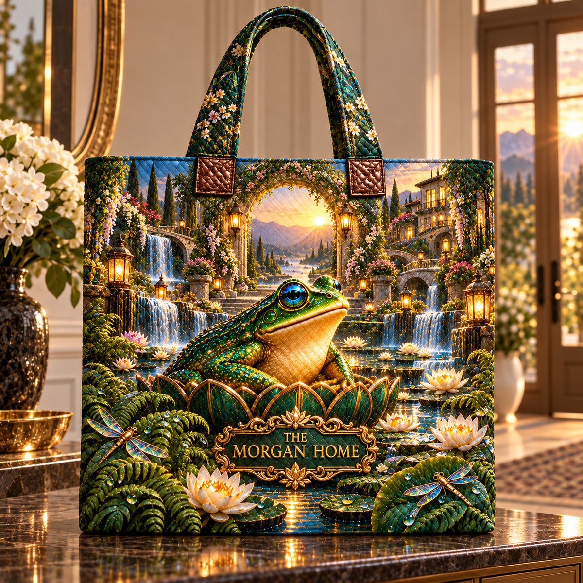 Frog Pond Golden Welcome Garden Quilted Tote Bag with printed optical 3D artwork in its use setting