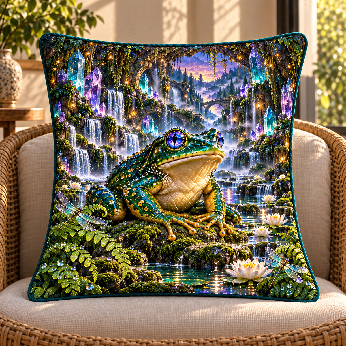 Frog Pond Crystal Grotto Quilted Cushion Cover with printed optical 3D artwork in its use setting