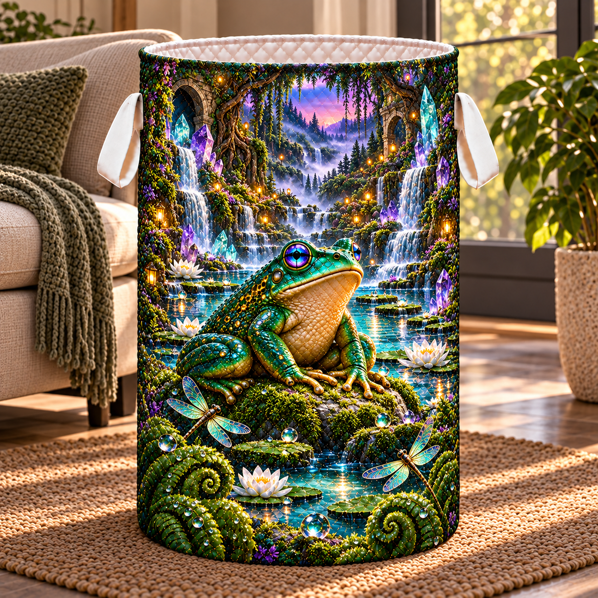 Frog Pond Crystal Grotto Laundry Hamper with printed optical 3D artwork in its use setting