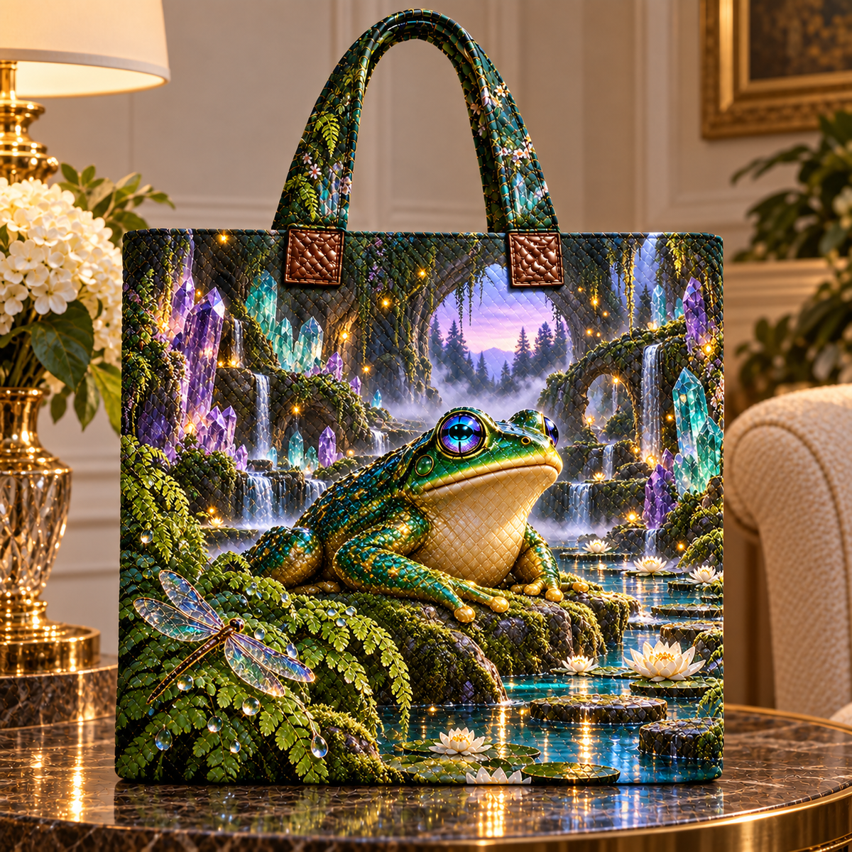 Frog Pond Crystal Grotto Quilted Tote Bag with printed optical 3D artwork in its use setting