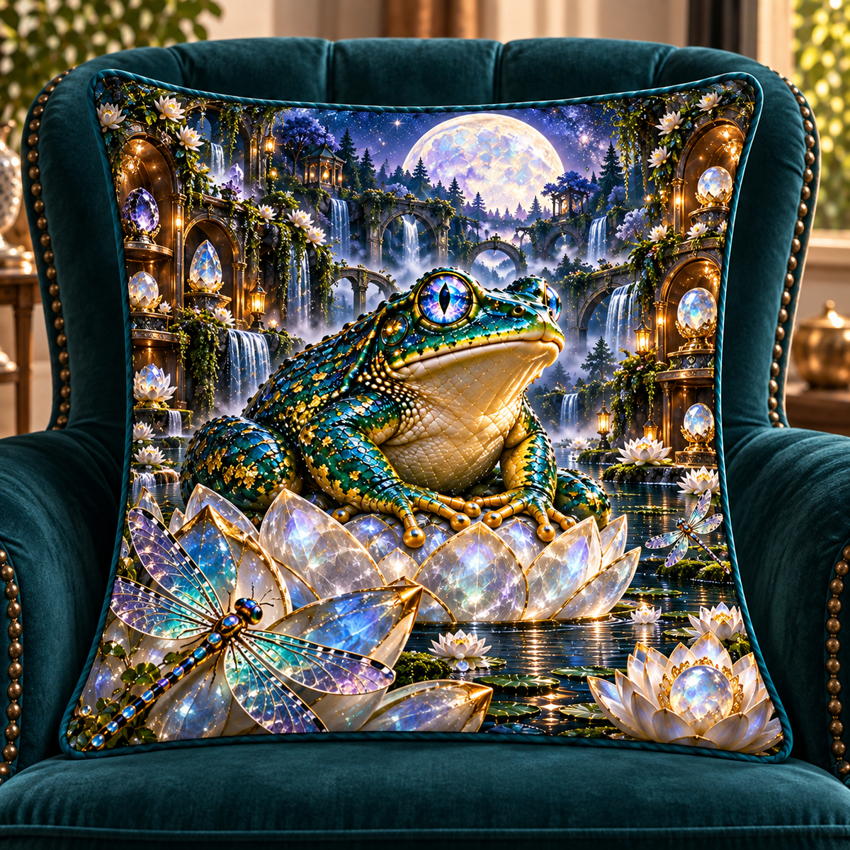 Moonstone Frog Vault Quilted Cushion Cover with printed optical 3D artwork in its use setting