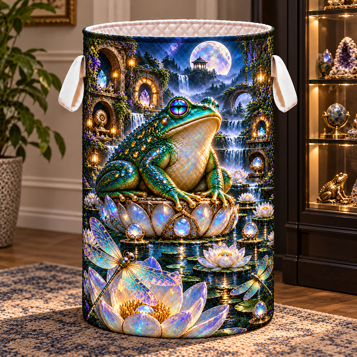 Moonstone Frog Vault Laundry Hamper with printed optical 3D artwork in its use setting