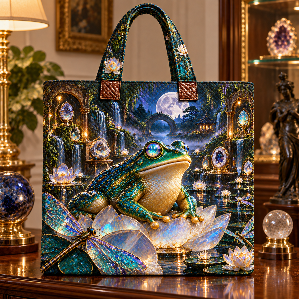 Moonstone Frog Vault Quilted Tote Bag with printed optical 3D artwork in its use setting