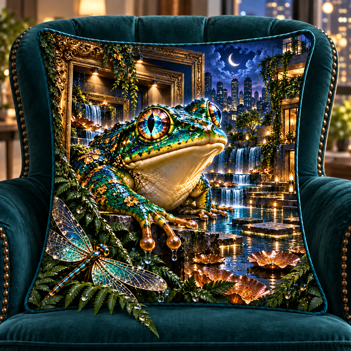 Frog Pond Gallery Portal Quilted Cushion Cover with printed optical 3D artwork in its use setting