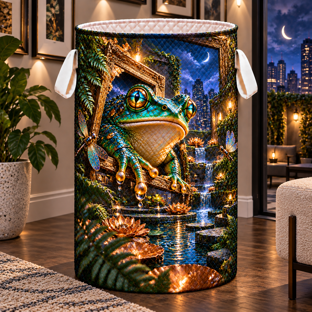 Frog Pond Gallery Portal Laundry Hamper with printed optical 3D artwork in its use setting