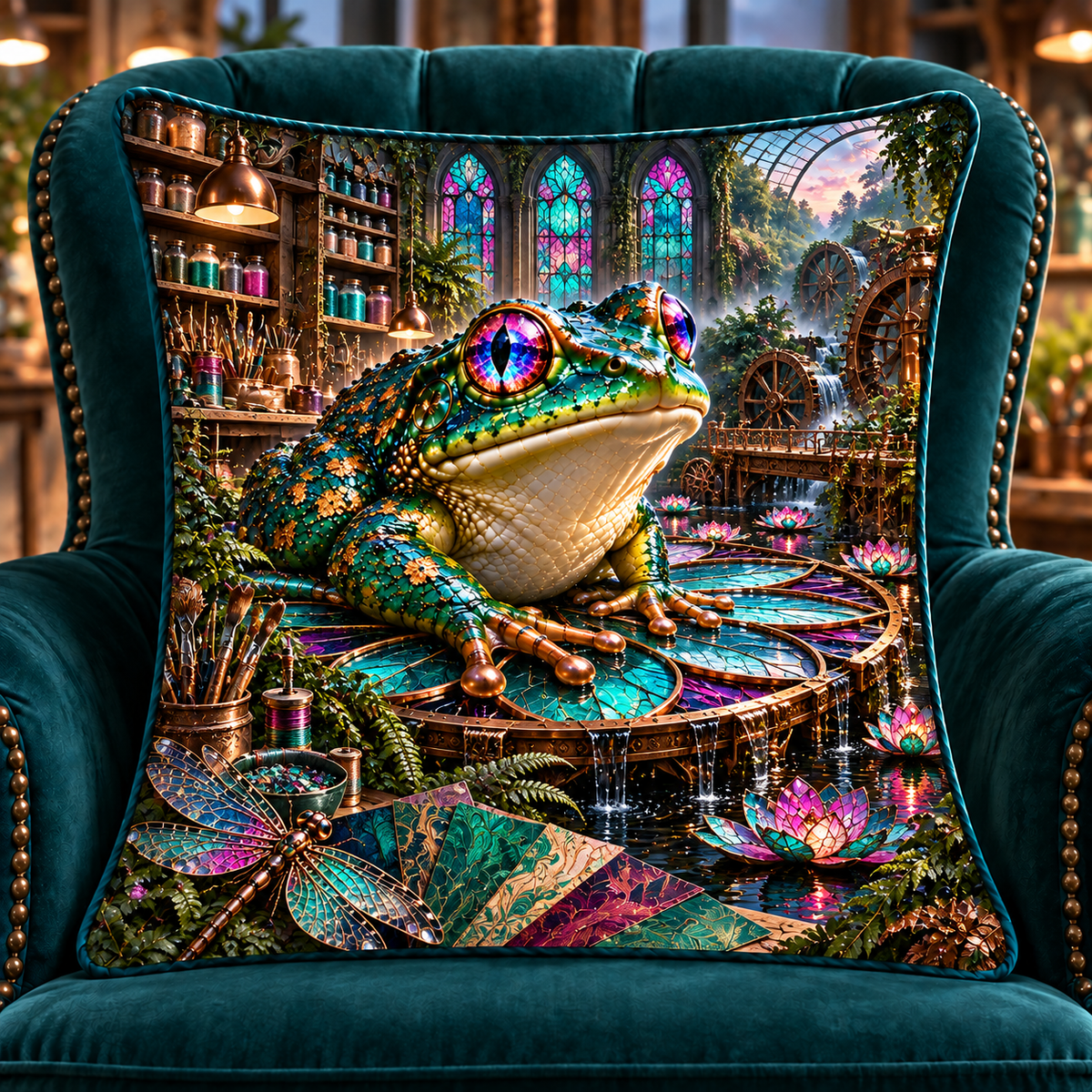 Frog Pond Verdigris Atelier Quilted Cushion Cover with printed optical 3D artwork in its use setting