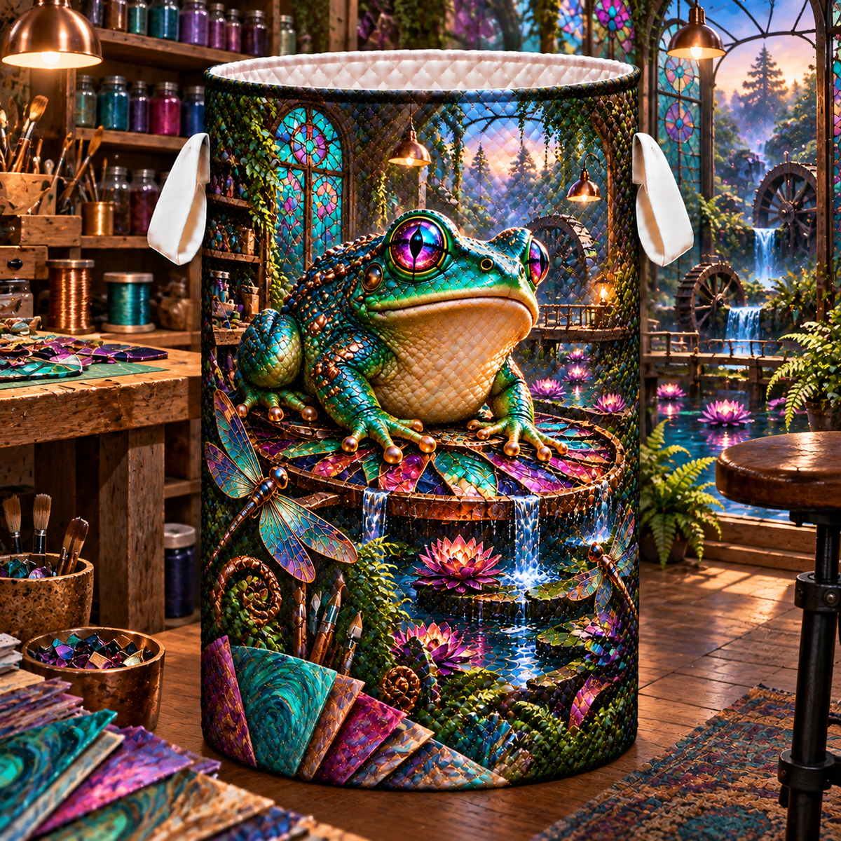 Frog Pond Verdigris Atelier Laundry Hamper with printed optical 3D artwork in its use setting
